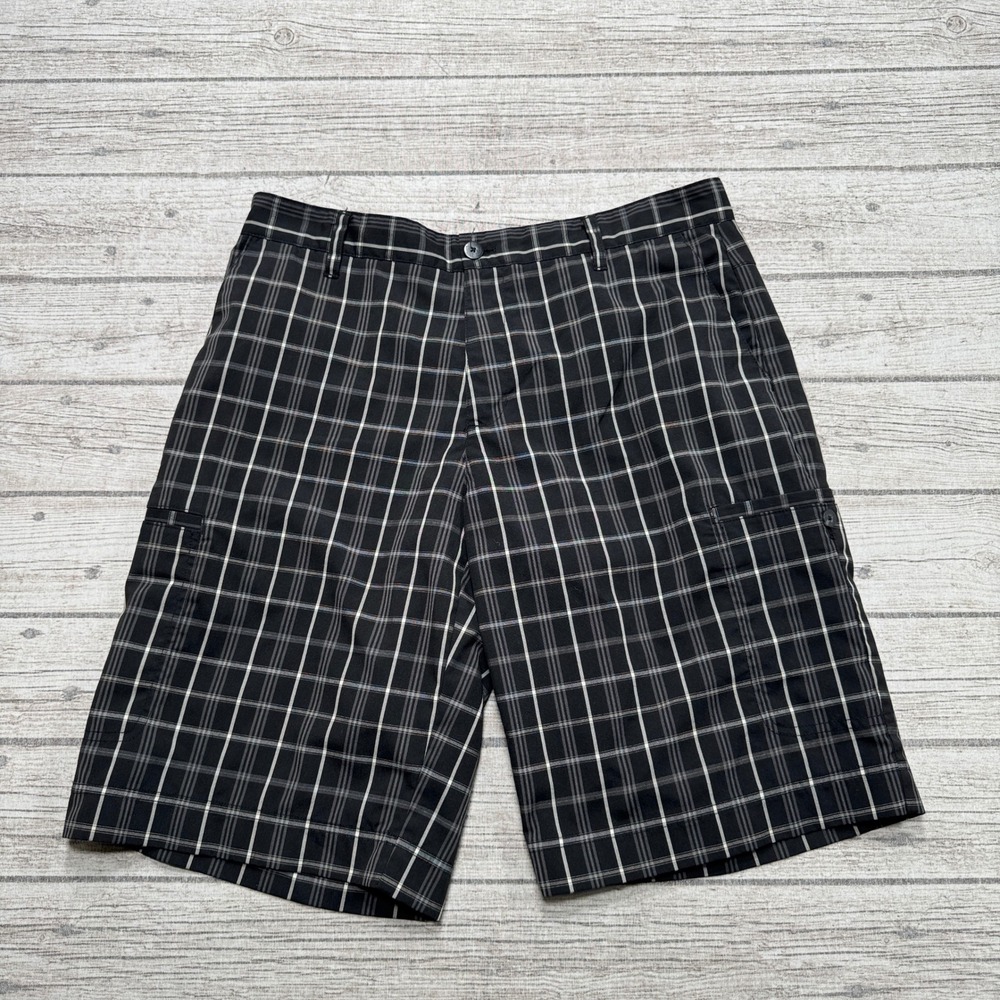 Adidas Cargo Shorts Men's 34 Black White Plaid Athletic Sportswear Tennis Golf